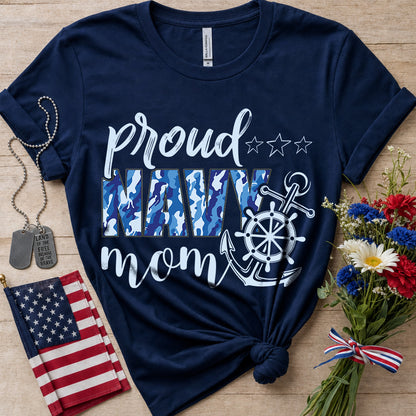 Proud Navy Mom navy T-Shirt with blue camouflage lettering, anchor and ship wheel design