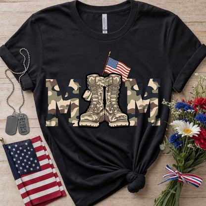 Military Mom black T-Shirt with camouflage MOM lettering, combat boots, dog tags and American flag design