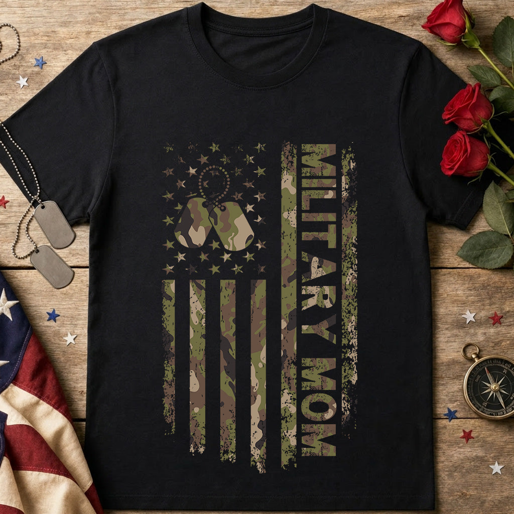 Military Mom T-Shirt – Camo Flag Design