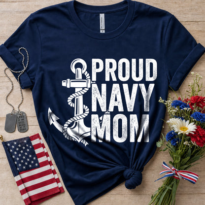 Proud Navy Mom T-Shirt with distressed white anchor and rope design