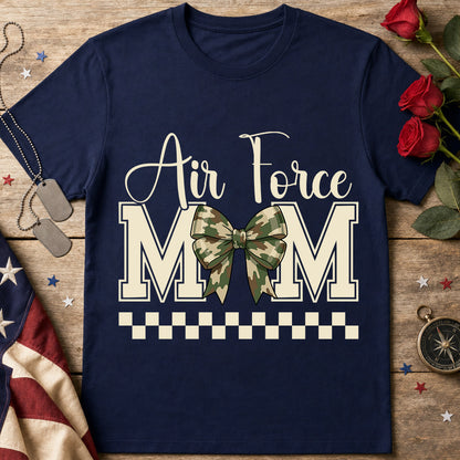 Air Force Mom navy T-Shirt with cream lettering and camouflage bow design