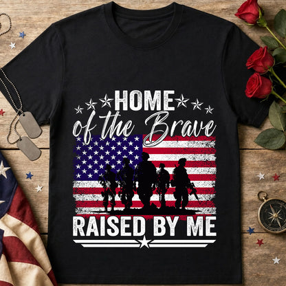 Home of the Brave Raised by Me black Military Mom T-Shirt with distressed American flag and military silhouette design