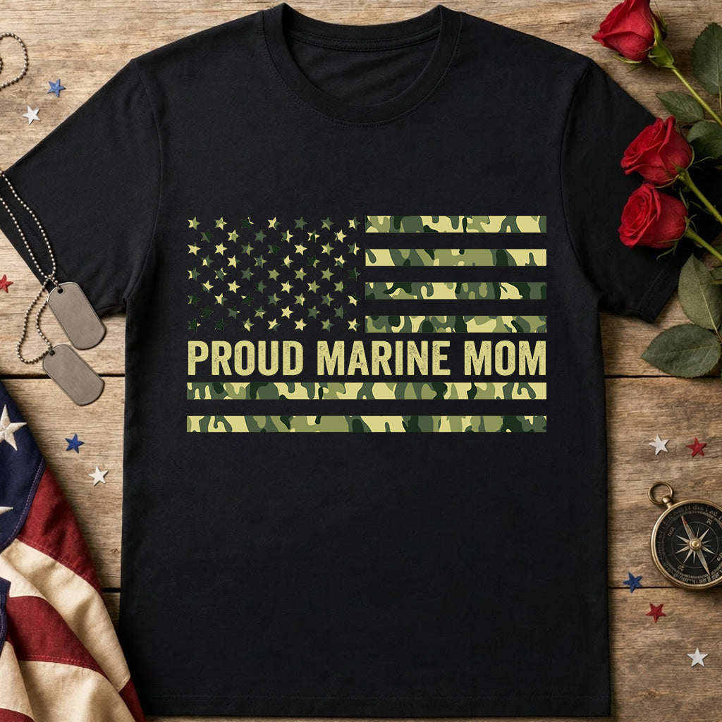 Proud Marine Mom black T-Shirt with distressed green camouflage military-inspired flag design