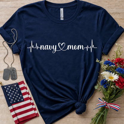 Navy Mom navy blue T-Shirt with white heartbeat line and heart design