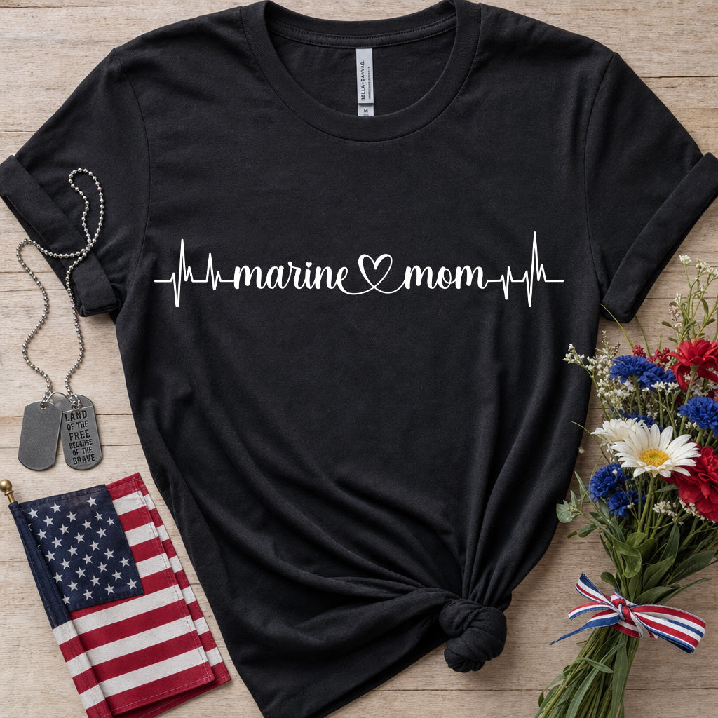 Marine Mom black T-Shirt with white heartbeat line and heart design