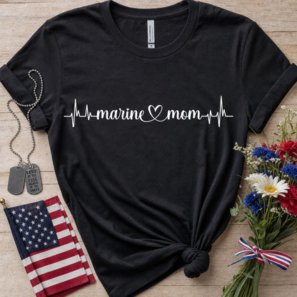 Marine Mom black T-Shirt with white heartbeat line and heart design