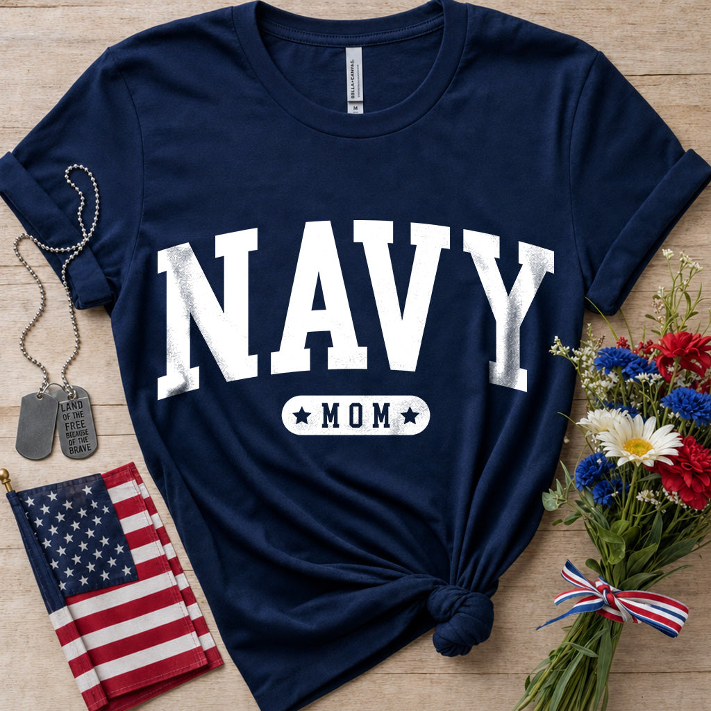 Navy Mom navy blue T-Shirt with bold white collegiate varsity lettering design