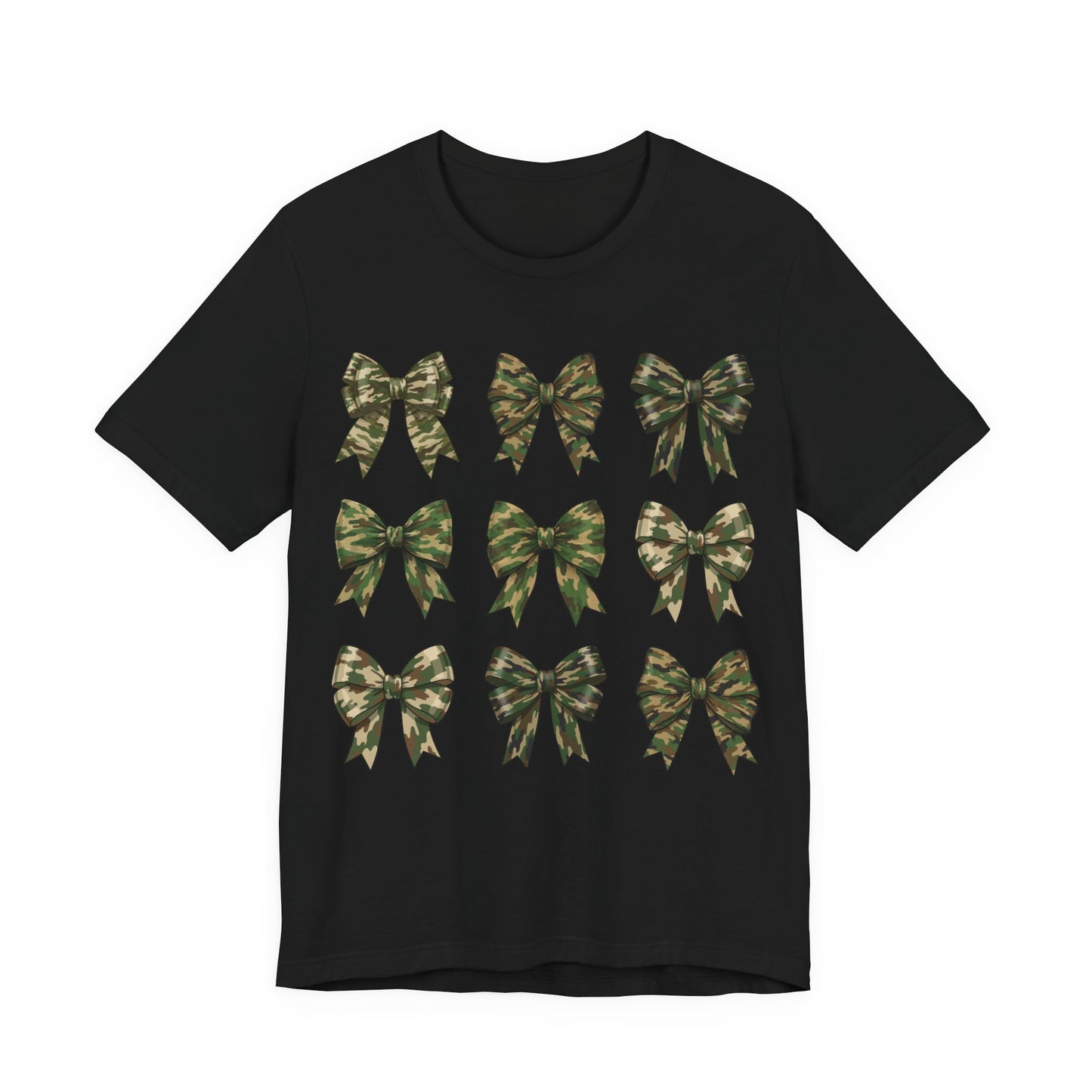 Camo Bow Pattern Tee — Women's Military-Inspired Bow Graphic T-Shirt
