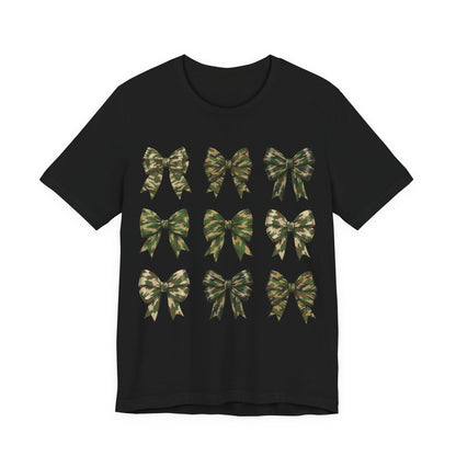 Camo Bow Pattern Tee — Women's Military-Inspired Bow Graphic T-Shirt