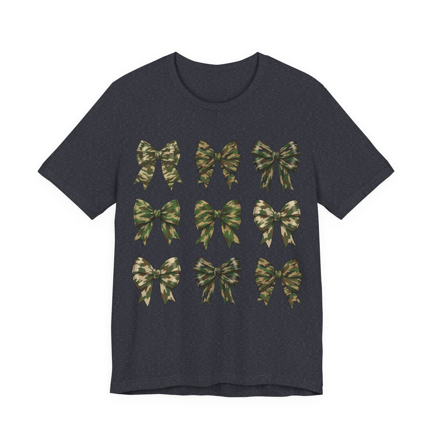 Camo Bow Pattern Tee — Women's Military-Inspired Bow Graphic T-Shirt