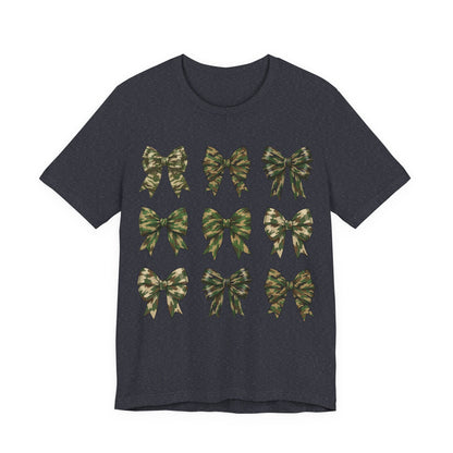 Camo Bow Pattern Tee — Women's Military-Inspired Bow Graphic T-Shirt