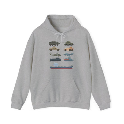 Military Vehicle Hoodie — Vintage Tanks, Planes & Aircraft Carrier Graphic Sweatshirt