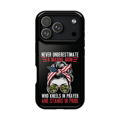 Never Underestimate a Marine Mom black phone case with messy bun, patriotic bandana and camo sunglasses design
