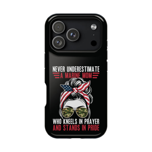 Never Underestimate a Marine Mom black phone case with messy bun, patriotic bandana and camo sunglasses design
