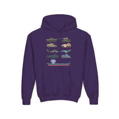 Youth Military Vehicles Hoodie | Tanks Helicopter Aircraft Carrier | Kids Gift