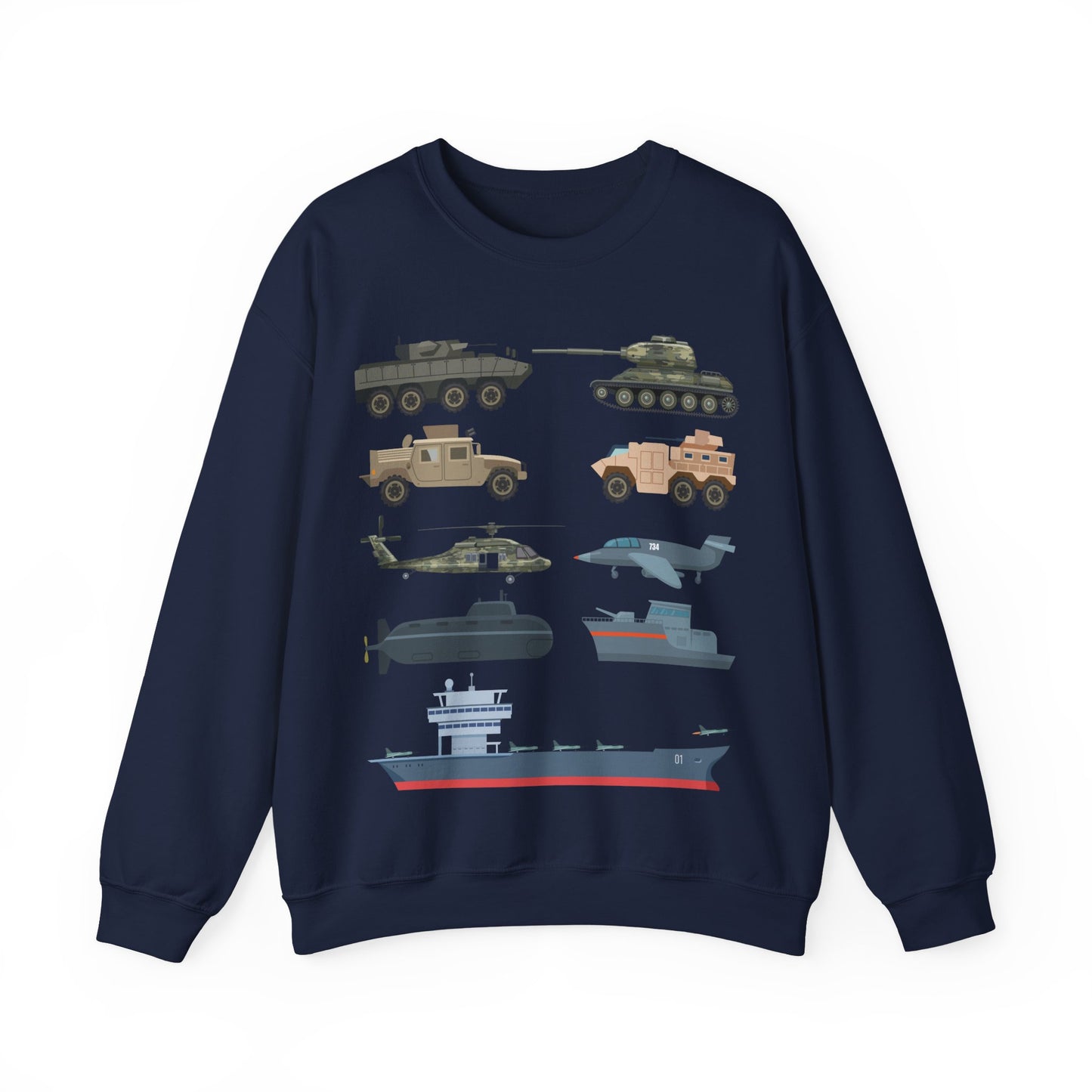 Military Vehicles Crewneck Sweatshirt — Tanks, Helicopter, Submarine & Aircraft Carrier Graphic