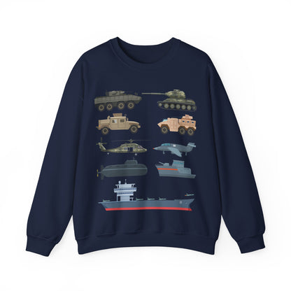 Military Vehicles Crewneck Sweatshirt — Tanks, Helicopter, Submarine & Aircraft Carrier Graphic