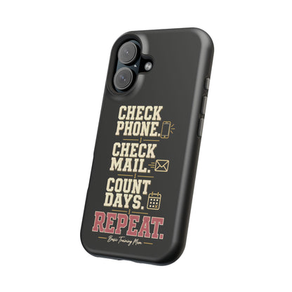 Check Phone Check Mail Count Days Repeat Basic Training Mom black phone case with vintage phone mail and calendar design