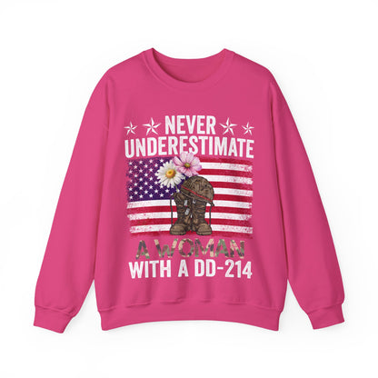 Never Underestimate Woman DD-214 Sweatshirt | Female Veteran Pride Gift