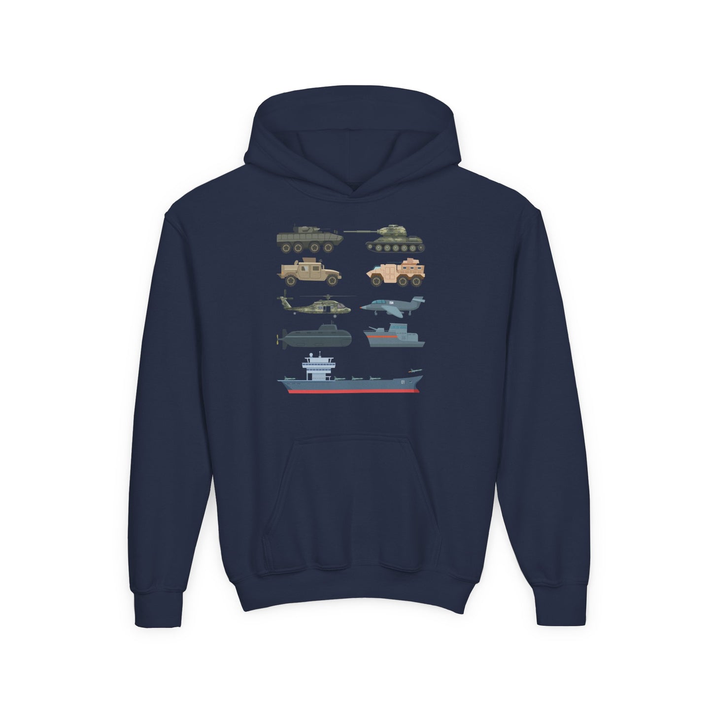 Youth Military Vehicles Hoodie | Tanks Helicopter Aircraft Carrier | Kids Gift