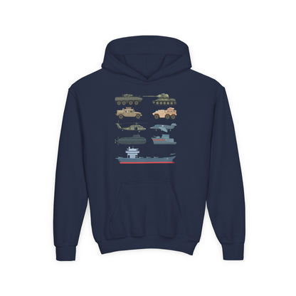 Youth Military Vehicles Hoodie | Tanks Helicopter Aircraft Carrier | Kids Gift