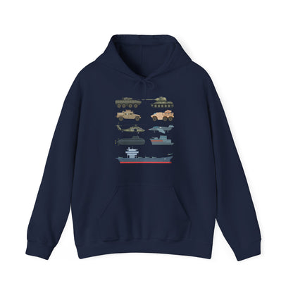 Military Vehicle Hoodie — Vintage Tanks, Planes & Aircraft Carrier Graphic Sweatshirt