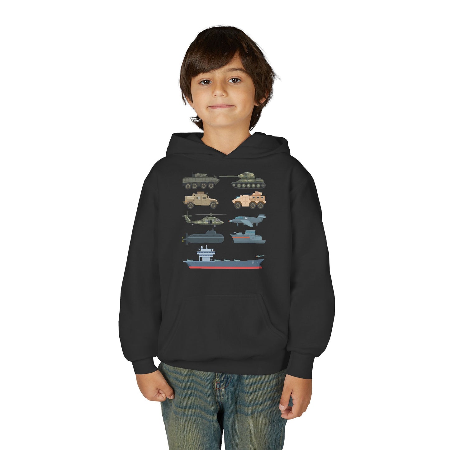 Youth Military Vehicles Hoodie | Tanks Helicopter Aircraft Carrier | Kids Gift